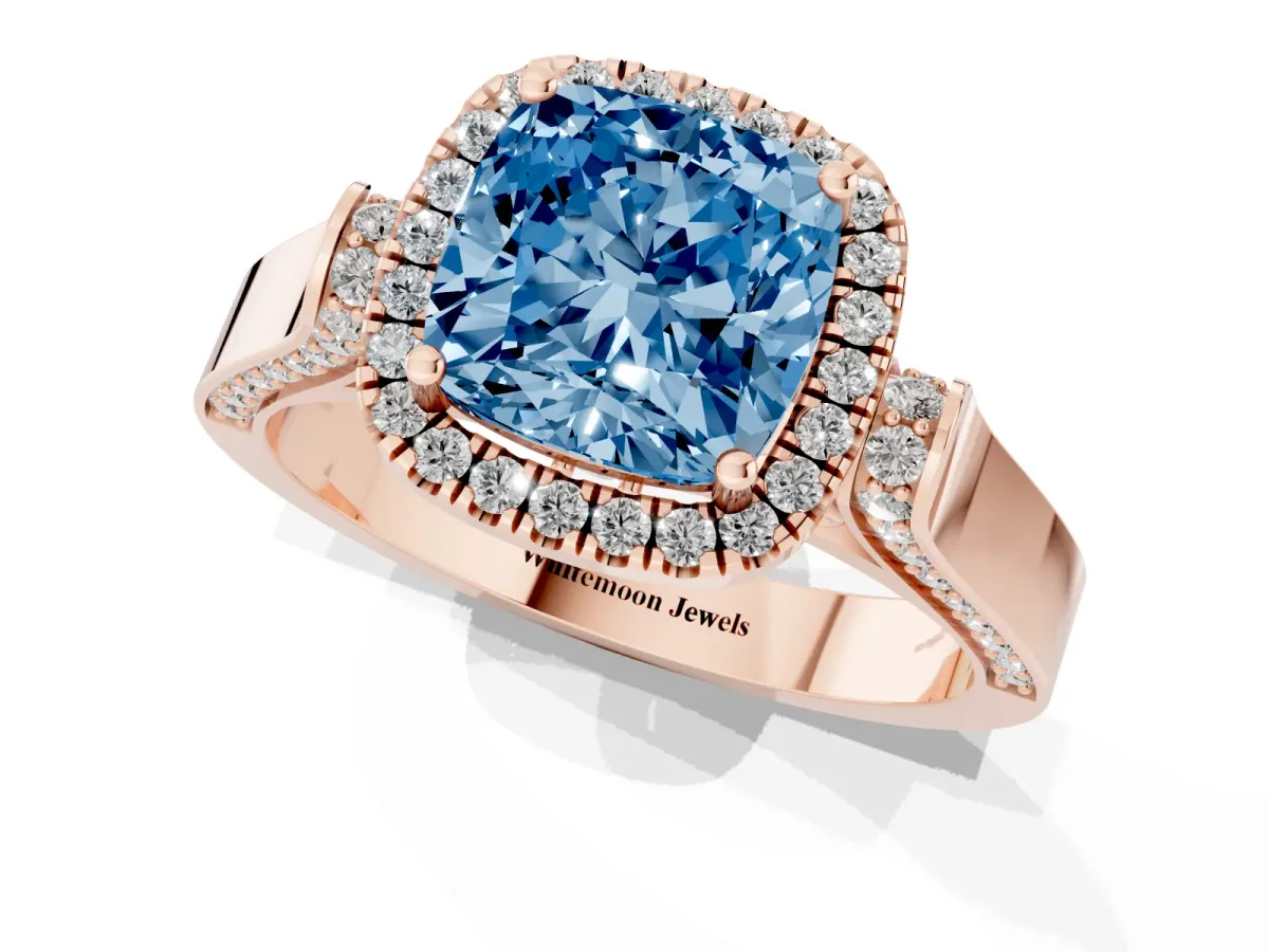 Fancy Blue Cushion Cut Halo Pave Split Shank Prong Setting Ring Rose gold
