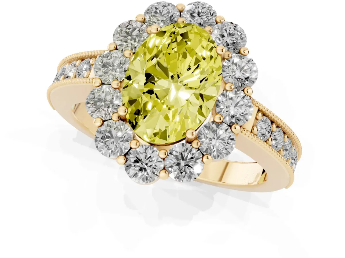 Fancy Yellow Oval Cut Cut Halo Diamond Pavé Engagement Ring with Milgrain Detailing Yellow gold