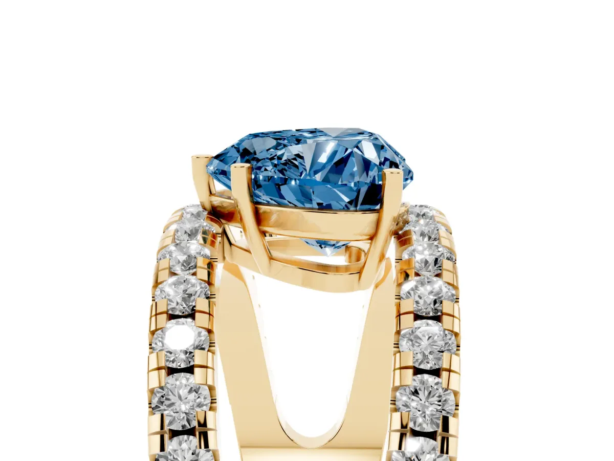 Fancy Blue Heart Cut Solitaire Split Shank Pave Diamond Ring Yellow gold