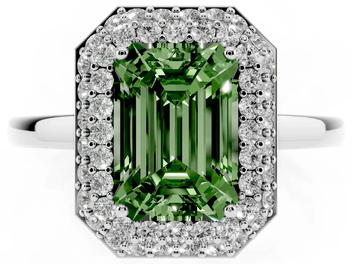 Fancy Green Emerald Cut Halo Diamond Engagement Ring with Solitaire Band and Four-Prong Setting Silver