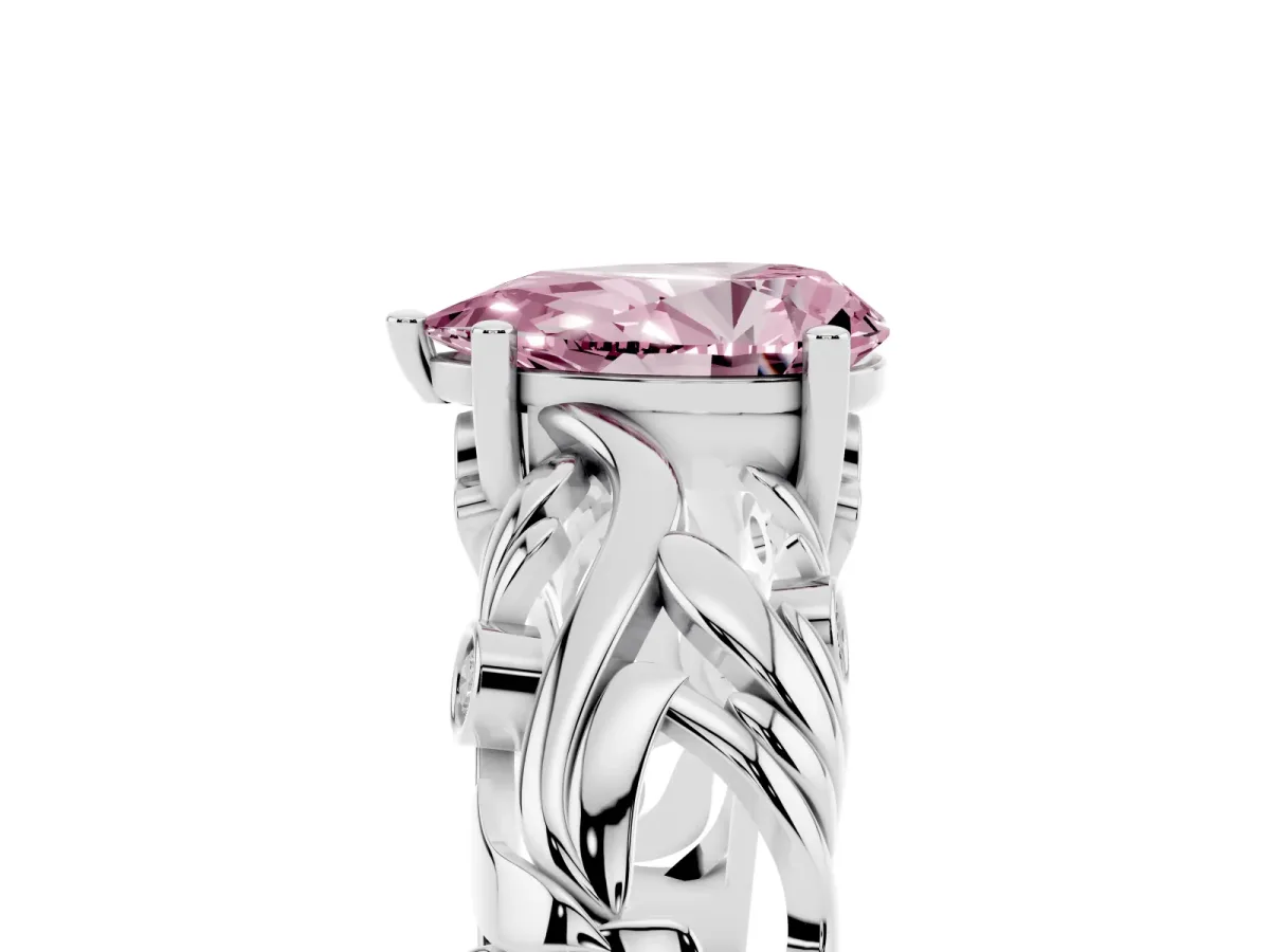 Fancy Pink Pear Cut Solitaire Diamond Leaf-Inspired Vine Band Ring with Prong Setting Silver