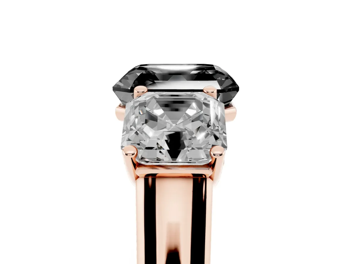 Fancy Black Asscher Cut Three-Stone Diamond Ring with Prong Setting on a Classic Band Rose gold