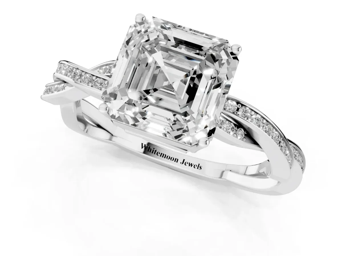 Asscher Cut Solitaire Twisted Pave Diamond Ring with Four-Prong Setting Platinum