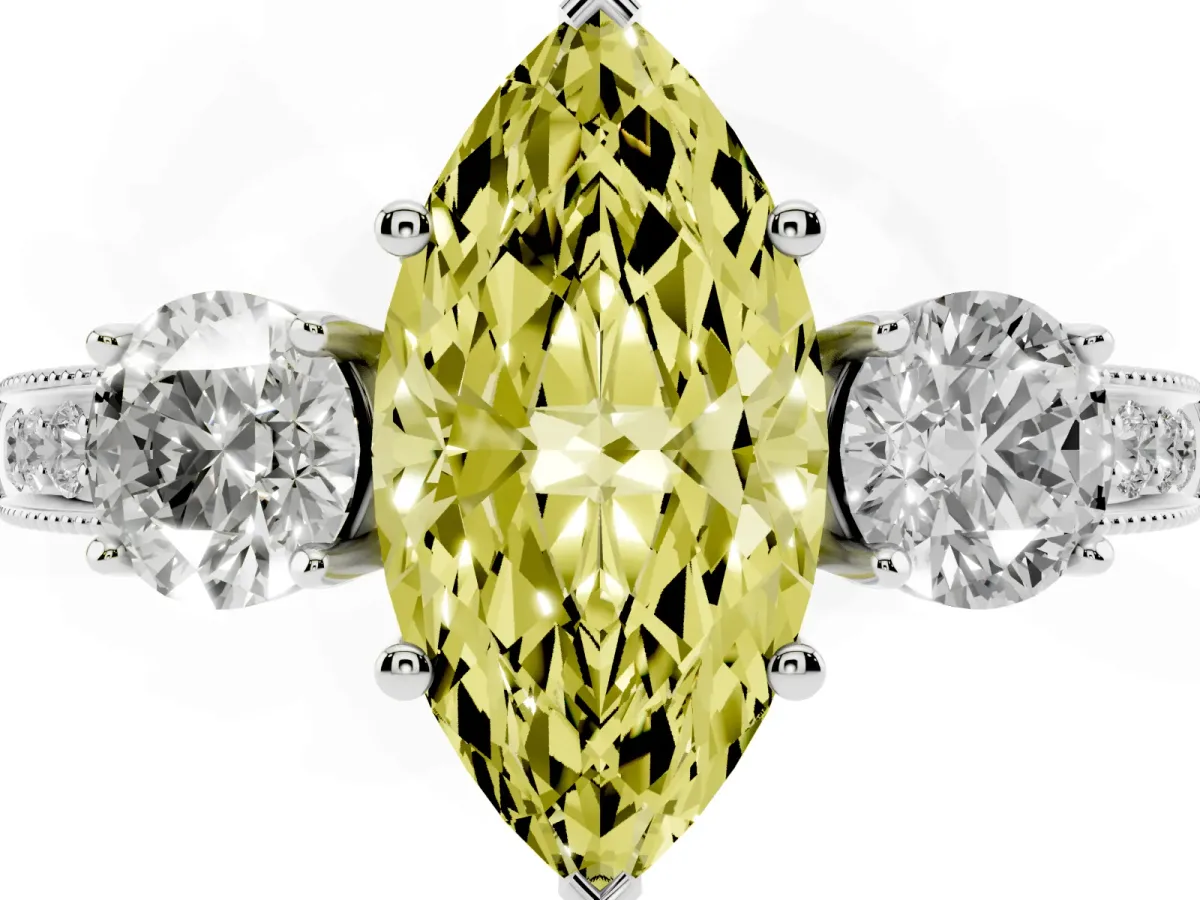 Fancy Yellow Marquise Cut Three-Stone Diamond Ring with Pavé Band and Four-Prong Setting Silver