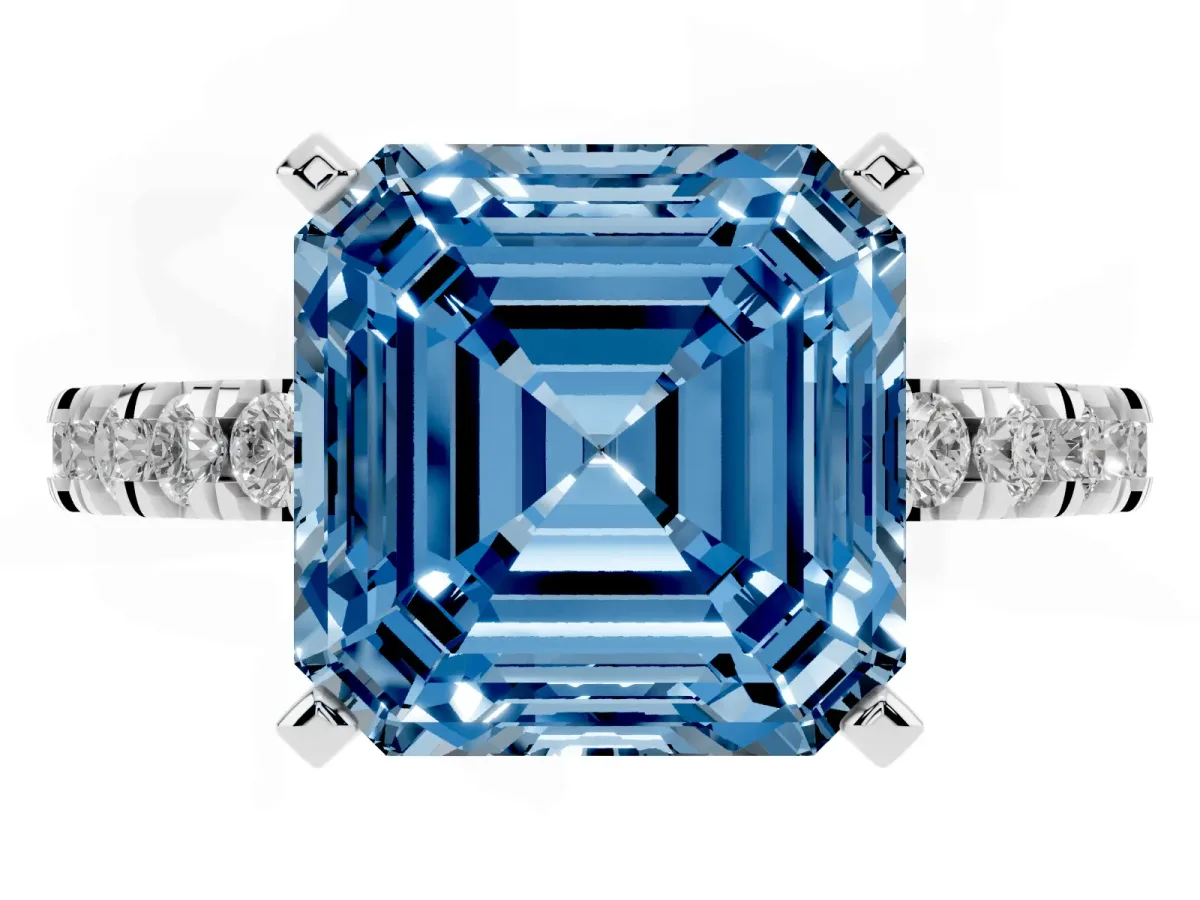 Fancy Blue Asscher Cut Diamond Pavé Band Solitaire with Four-Prong Setting Silver