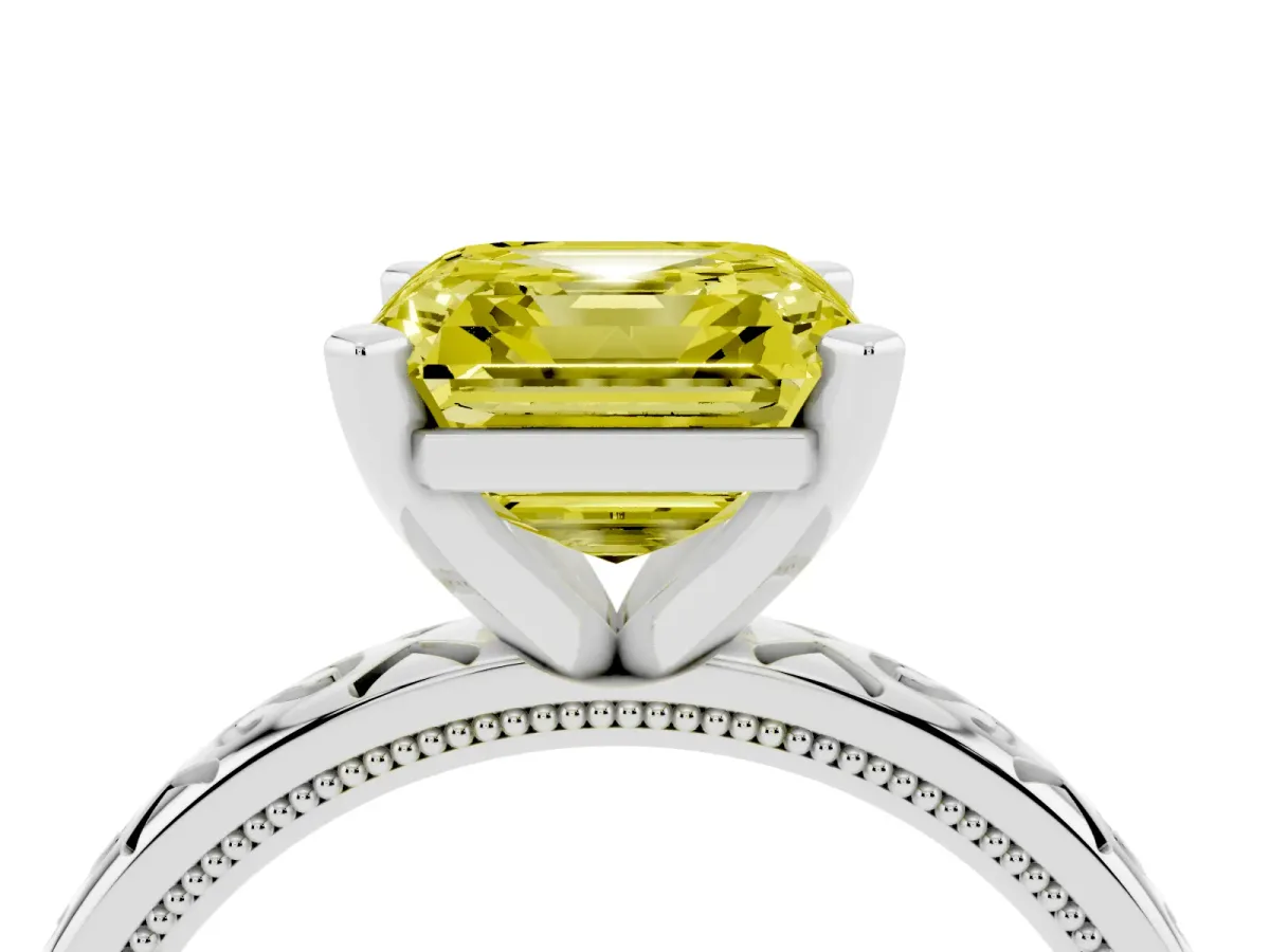 Fancy Yellow Asscher Cut Solitaire Engagement Ring with Scrollwork Band and Four-Prong Setting Silver