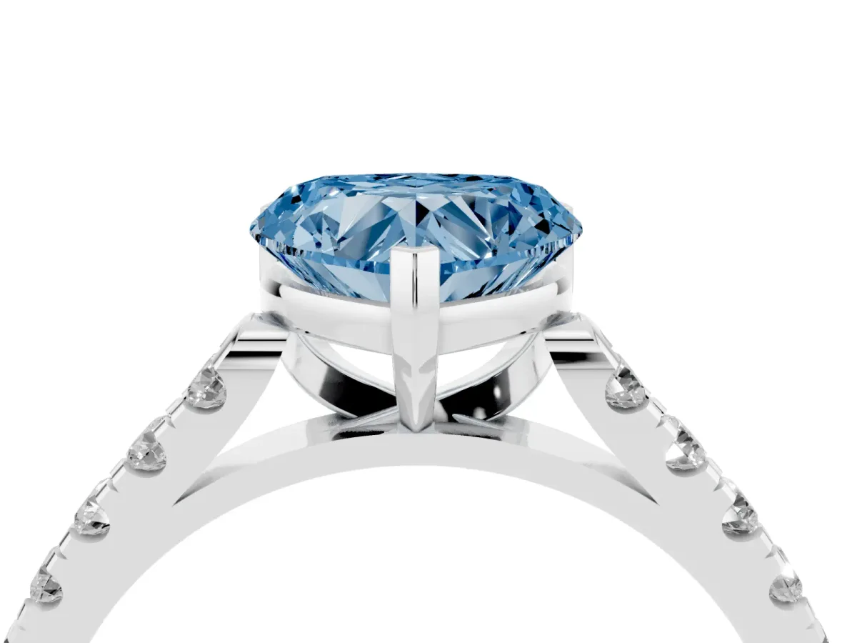Fancy Blue Heart Cut Diamond Pavé Band Solitaire Ring with Prong Setting Silver