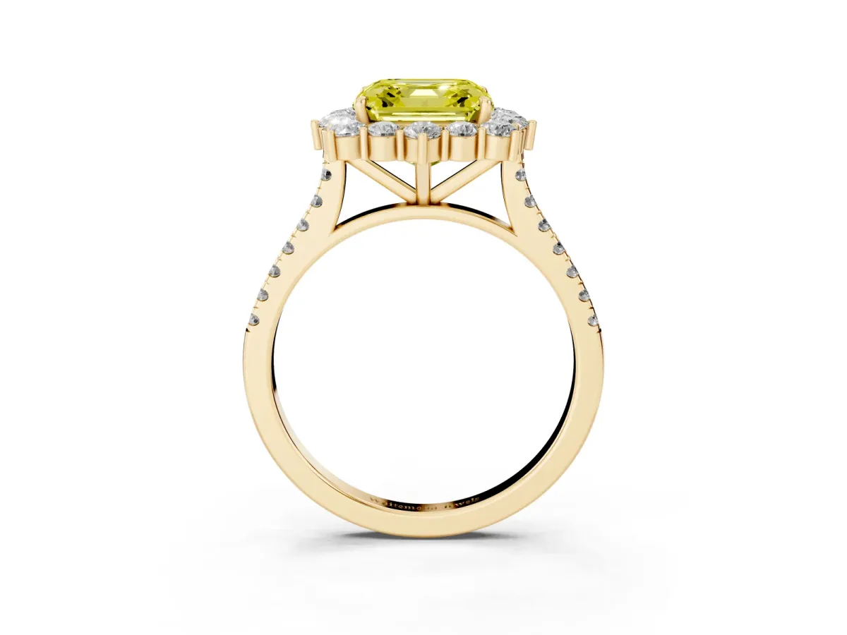 Fancy Yellow Asscher Cut Halo Diamond Ring with Pavé Band and Prong Setting Yellow gold