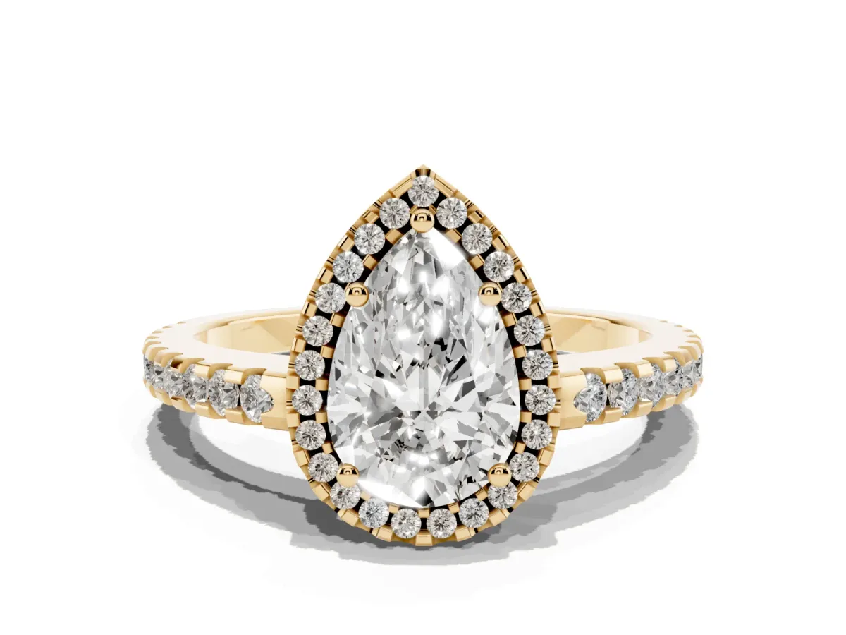 Pear Cut Diamond Halo Engagement Ring with Pavé Band and Prong Setting Yellow gold