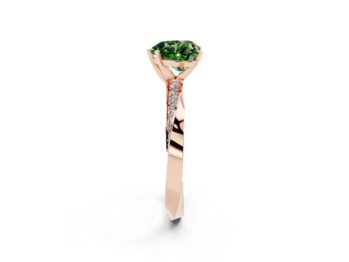 Fancy Green Heart Cut Diamond Engagement Ring with Side Stone Accents and Four-Prong Setting Rose gold