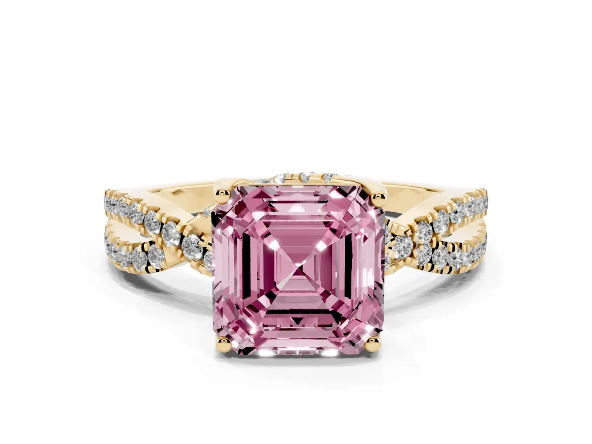 Fancy Pink Asscher Cut Solitaire Twist Pave Diamond Engagement Ring with Prong Setting Yellow gold