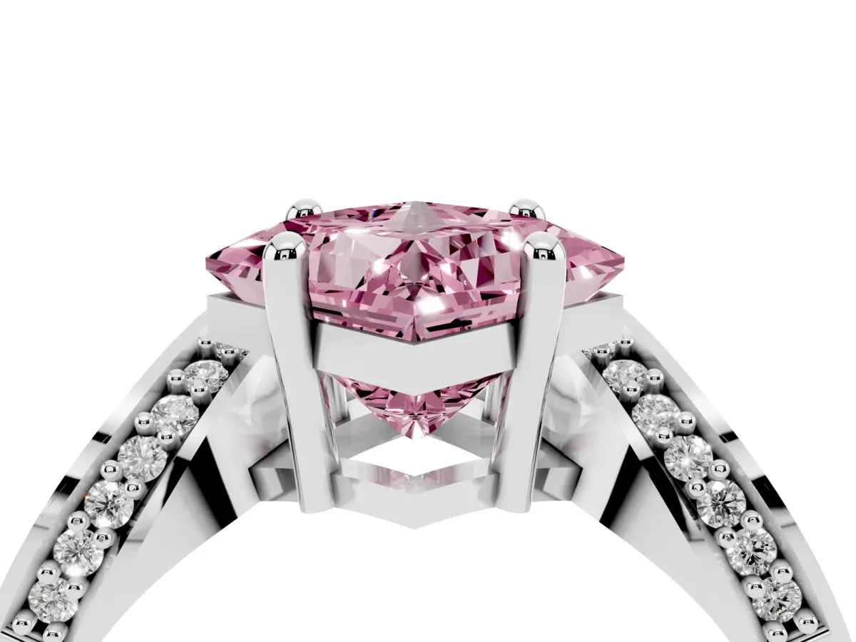 Fancy Pink Princess Cut Solitaire Diamond Engagement Ring with Pave Band and Four-Prong Setting Platinum