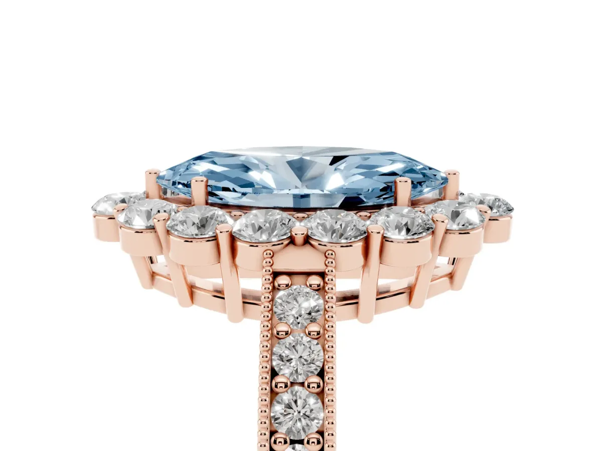 Fancy Blue Marquise Cut Cut Halo Diamond Pavé Engagement Ring with Milgrain Detailing Rose gold