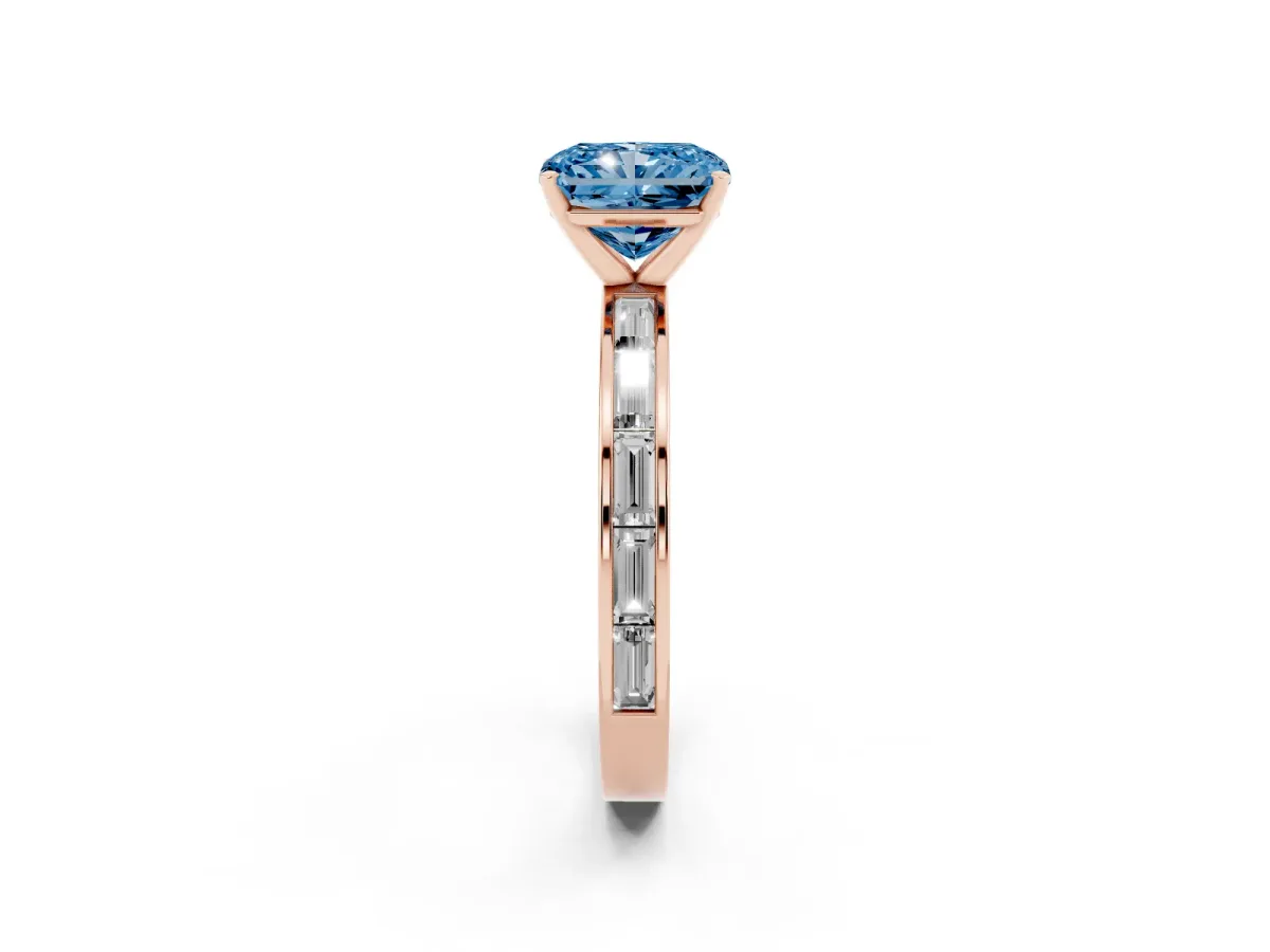 Fancy Blue Radiant Cut Solitaire Diamond Ring with Channel-Set Baguette Band and Four-Prong Setting Rose gold