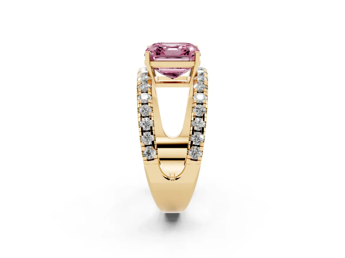 Fancy Pink Asscher Cut Solitaire Split Shank Pave Diamond Ring Yellow gold