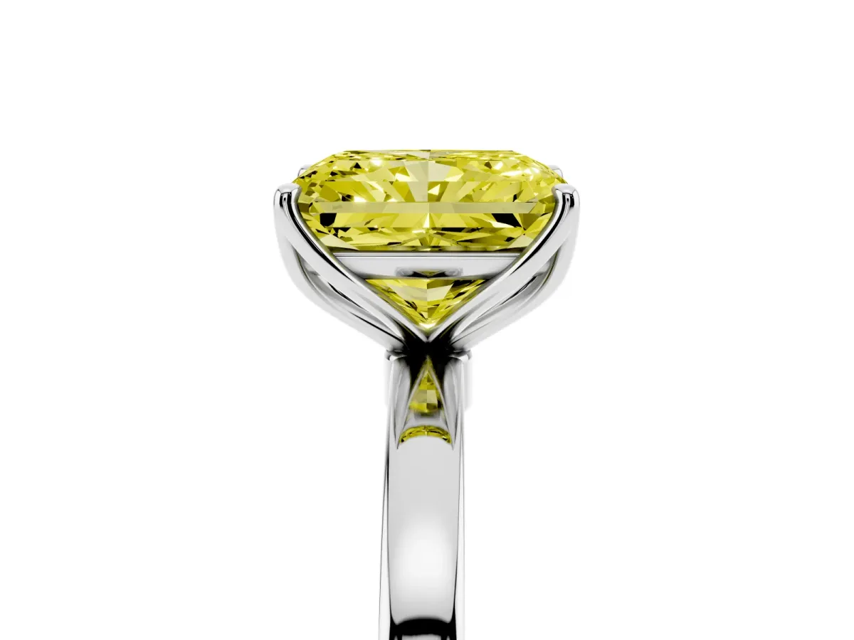 Fancy Yellow Radiant Cut Diamond Solitaire Ring with Thin Band and Prong Setting White gold
