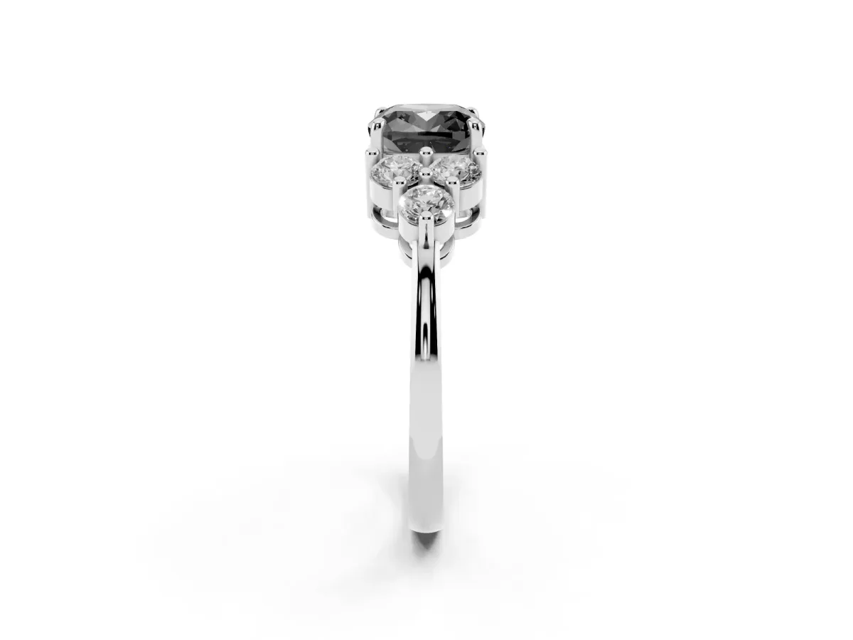 Fancy Black Cushion Cut Brilliant Diamond Cluster Accent Solitaire Ring with Prong Setting Silver