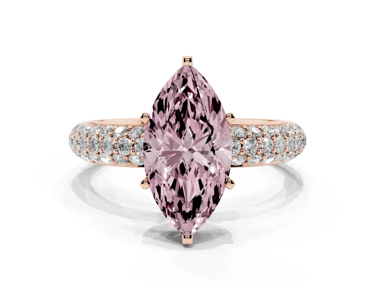Fancy Pink Marquise Cut Diamond Solitaire Ring with Prong Setting and Pavé Band Rose gold