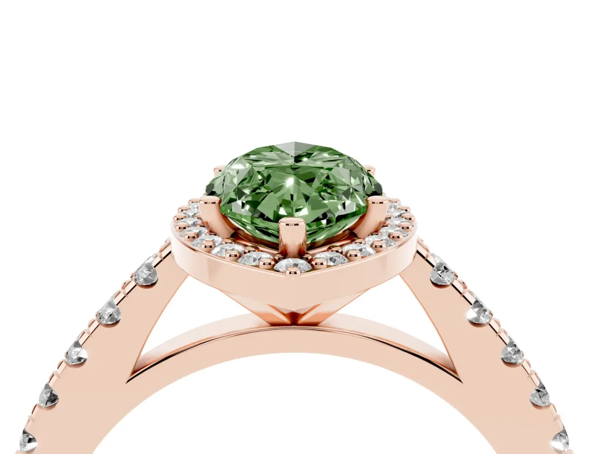 Fancy Green Marquise Cut Cut Halo Diamond Engagement Ring with Pave Band and Four-Prong Setting Rose gold