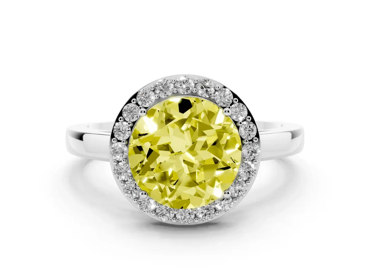 Fancy Yellow Round Cut Halo Diamond Ring with Solitaire Band and Prong Setting Silver