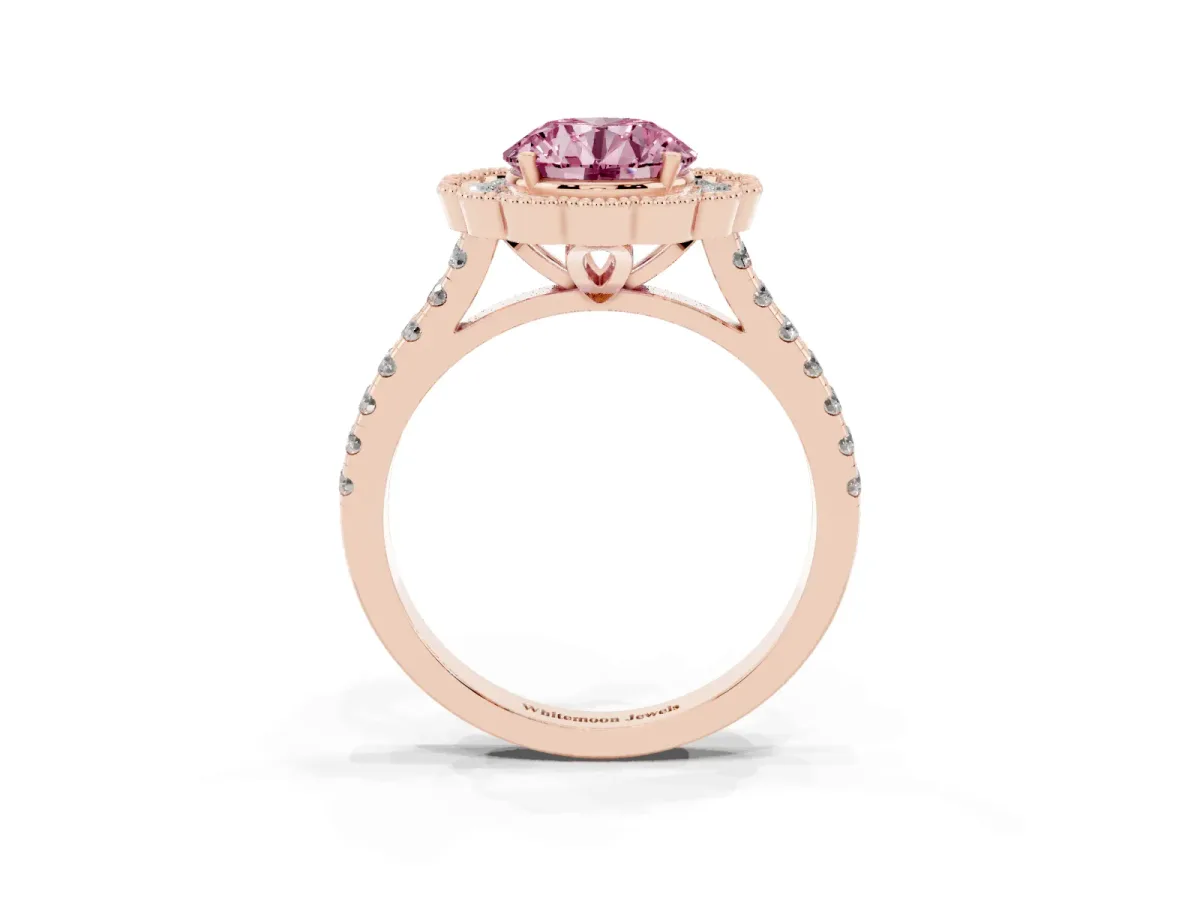 Fancy Pink Round Cut Cut Diamond Milgrain Floral Halo Engagement Ring with Pavé Band Rose gold