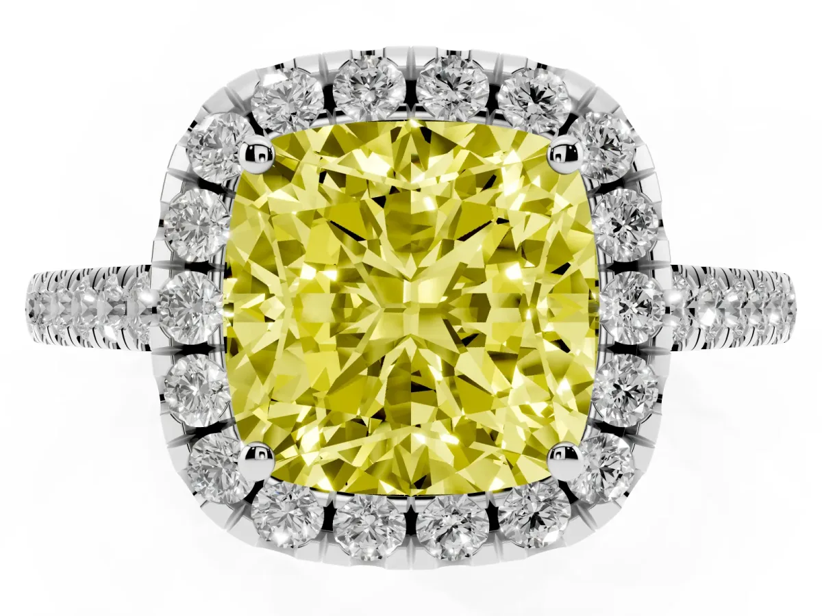 Fancy Yellow Cushion Cut Halo Pavé Diamond Engagement Ring with Four-Prong Setting Silver