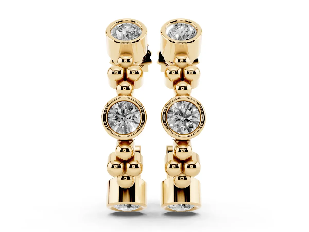 Bezel Set Round Diamond Beaded Hoop Earrings Yellow gold
