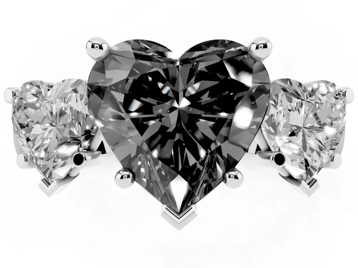 Fancy Black Three-Stone Heart Cut Brilliant Diamond Trellis Ring with Comfort Fit Band Silver