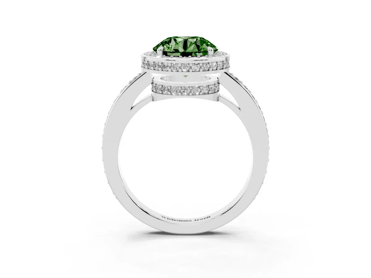Fancy Green Round Cut Halo Pave Band Solitaire Ring with Prong Setting Silver