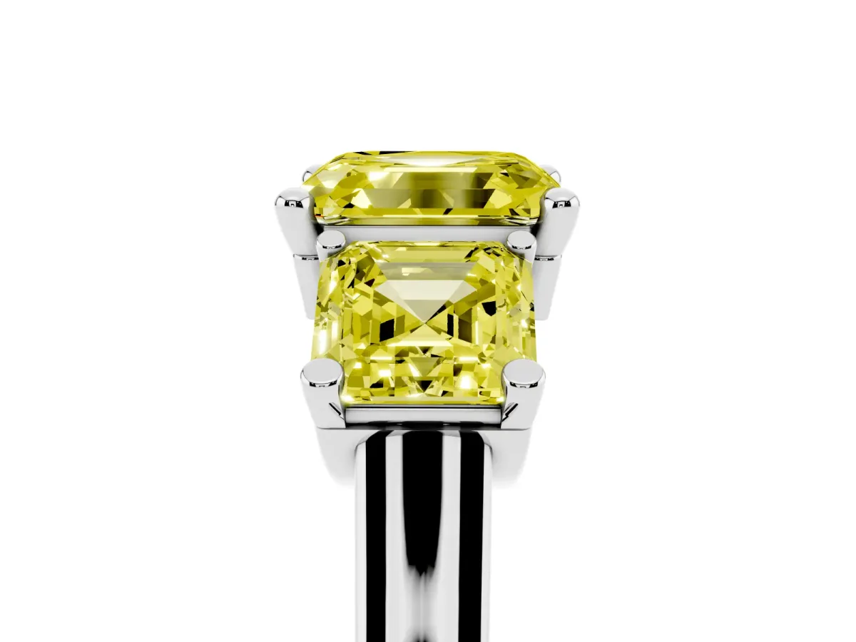 Fancy Yellow Three-Stone Asscher Cut Brilliant Diamond Trellis Ring with Comfort Fit Band Silver