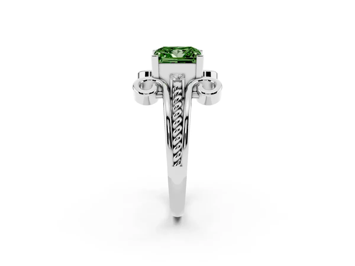 Fancy Green Princess Cut Solitaire Twisted Band Scroll Prong Ring Silver