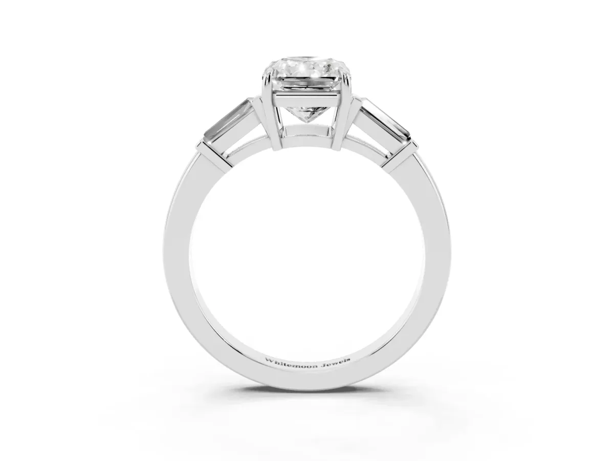 Radiant Cut Diamond Three-Stone Ring with Tapered Baguette Side Stones and Prong Setting White gold