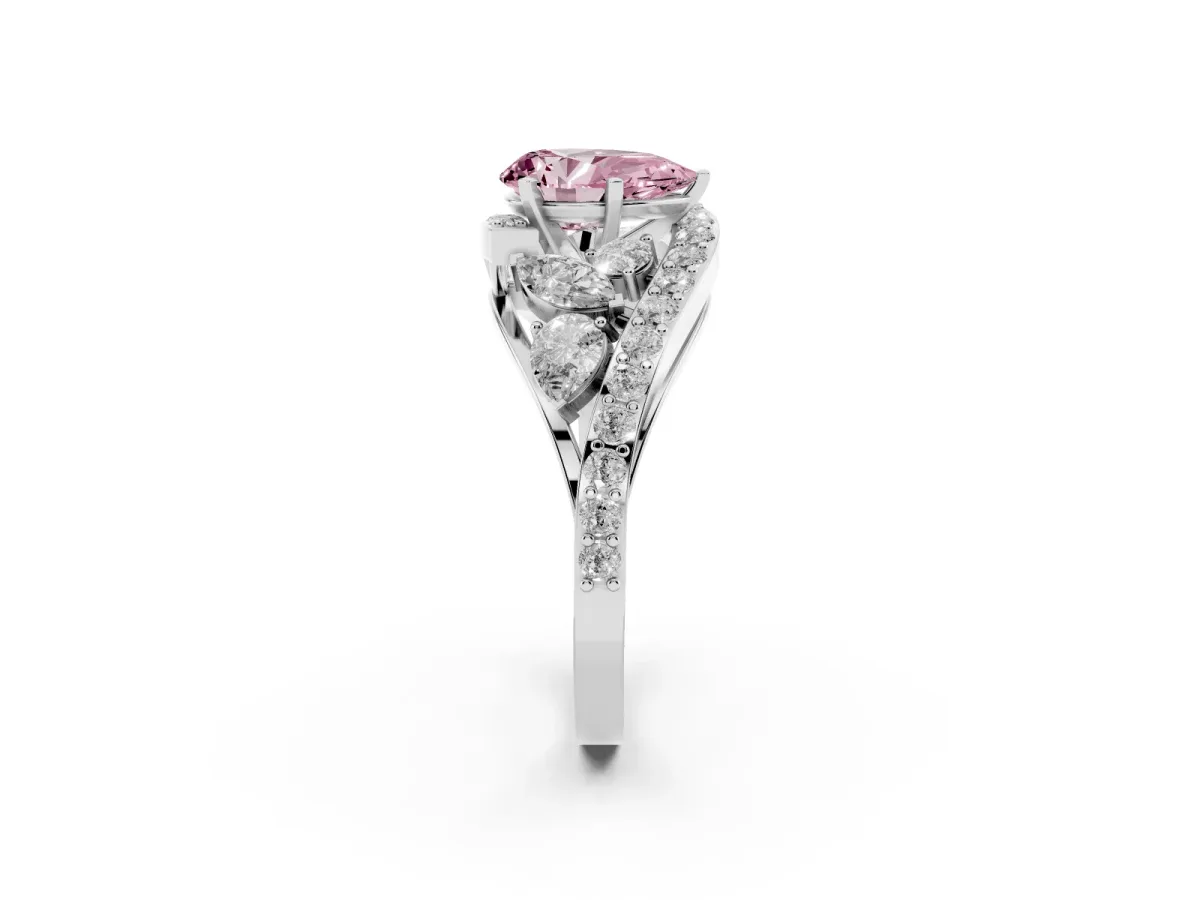 Fancy Pink Pear Cut Diamond Halo Ring with Marquise and Pavé Band in Prong Setting Platinum