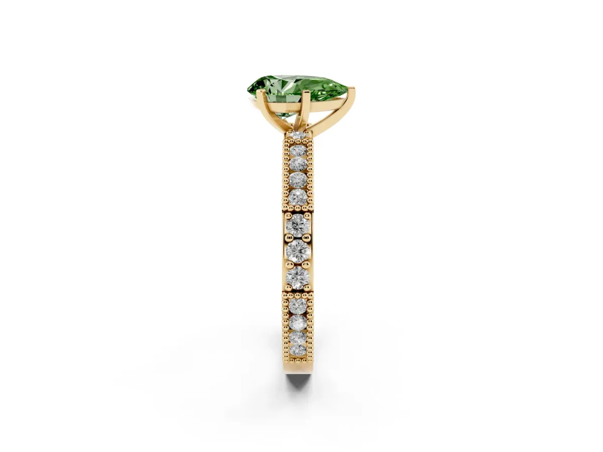 Fancy Green Pear Cut Solitaire with Pavé Band and Four-Prong Setting Yellow gold