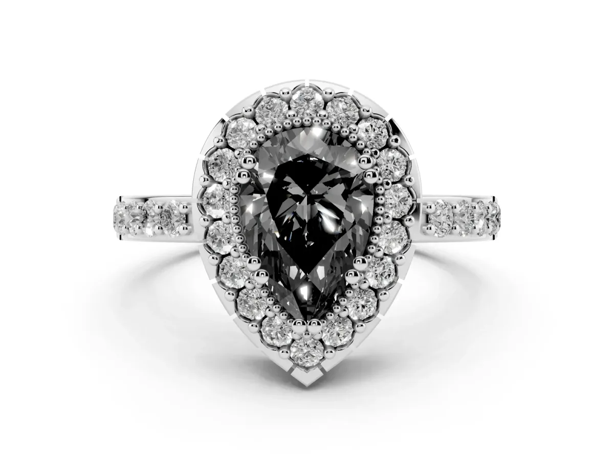 Fancy Black Pear Cut Diamond Halo Ring with Pavé Band and Prong Setting Silver