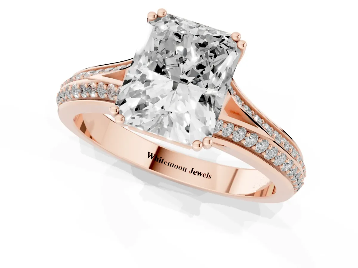 Radiant Cut Diamond Split Shank Engagement Ring with Pavé Band Rose gold