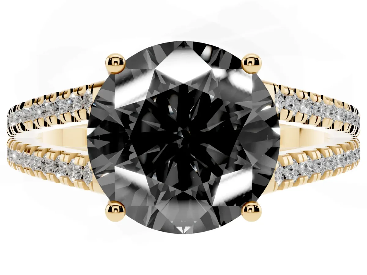 Fancy Black Round Cut Diamond Solitaire Engagement Ring with Split Shank Pavé Band Yellow gold
