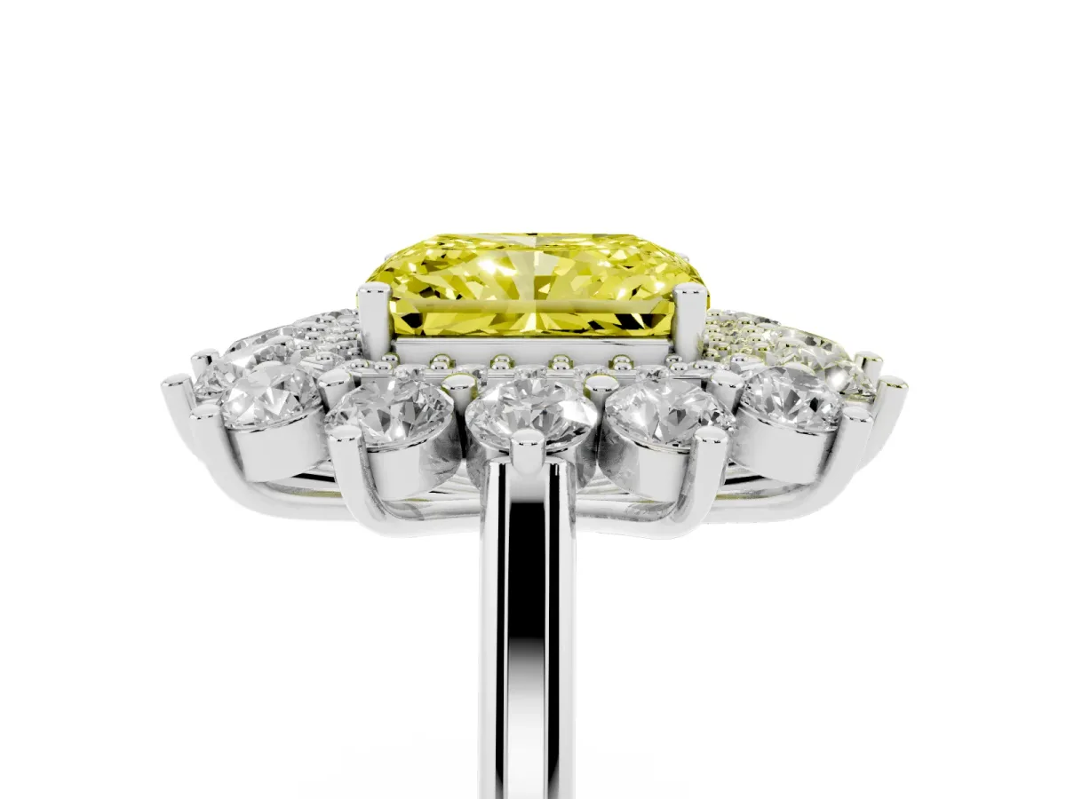 Fancy Yellow Radiant Cut Diamond Floral Double Halo Engagement Ring with Prong Setting Platinum