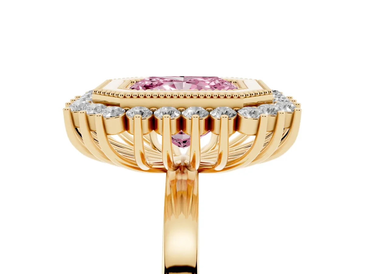 Fancy Pink Radiant Cut Halo Diamond Ring with Milgrain Edge and Round Prong Setting Yellow gold