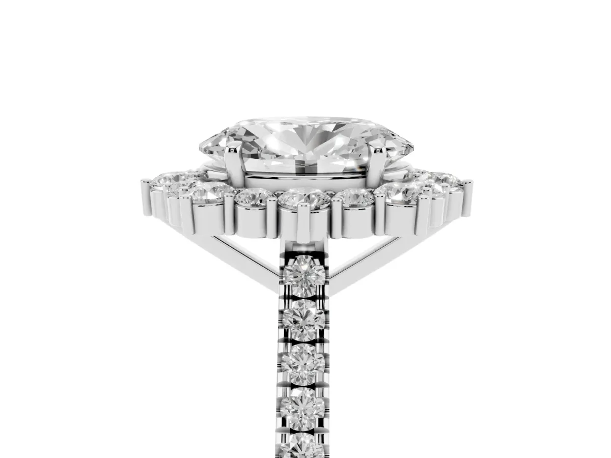 Oval Cut Halo Diamond Ring with Pavé Band and Prong Setting Silver