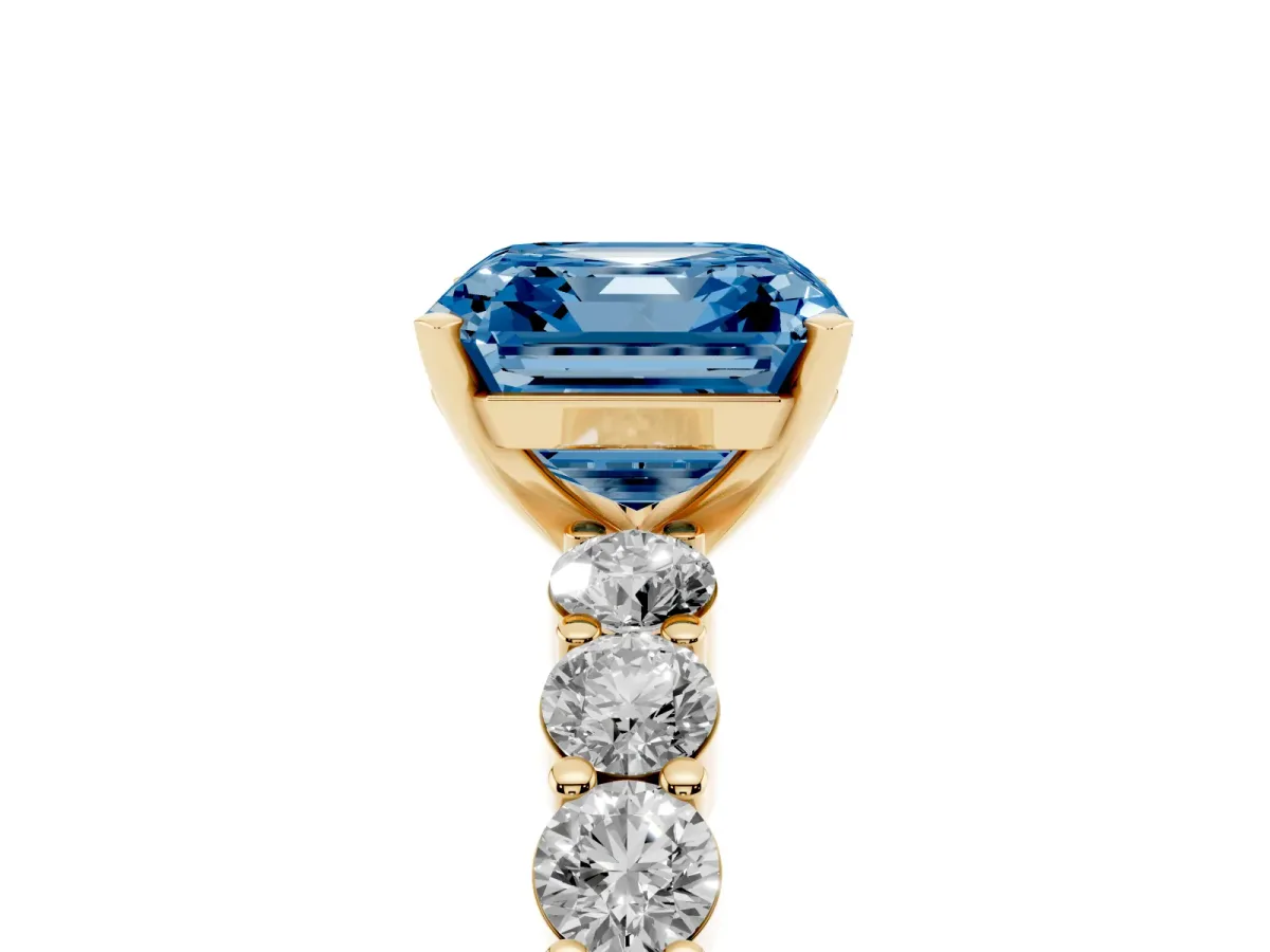 Fancy Blue Asscher Cut Diamond Solitaire Ring with Shared Prong Round Side Stones Yellow gold