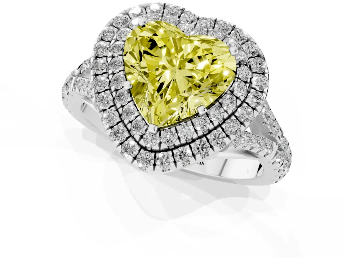 Fancy Yellow Double Halo Heart Cut Diamond Split Shank Engagement Ring with Four-Prong Setting Silver