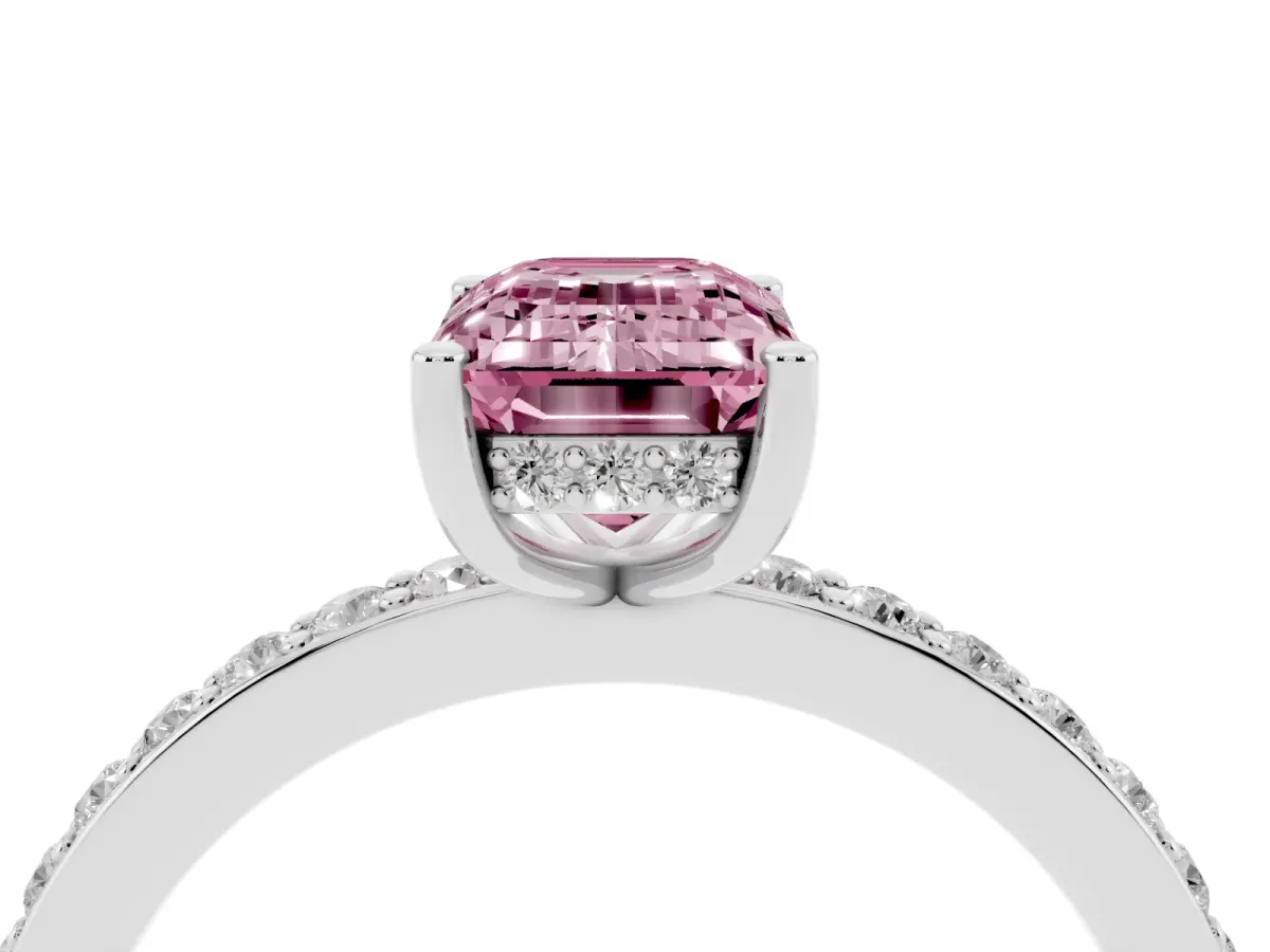 Fancy Pink Emerald Cut Cut Diamond Pavé Band Ring with Four-Prong Setting Silver