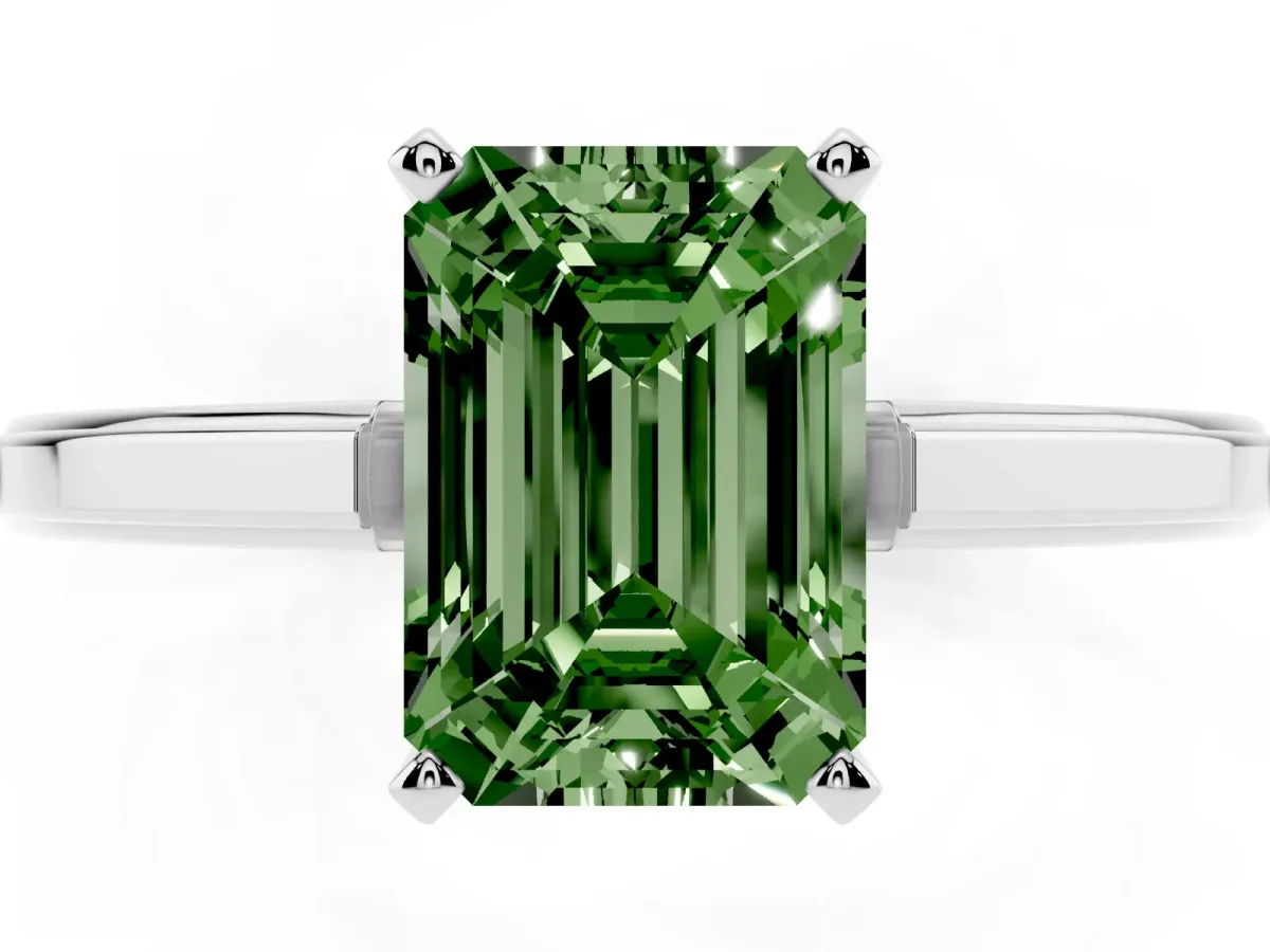 Fancy Green Emerald Cut Solitaire Diamond Ring with Four-Prong Setting and Classic Band Platinum