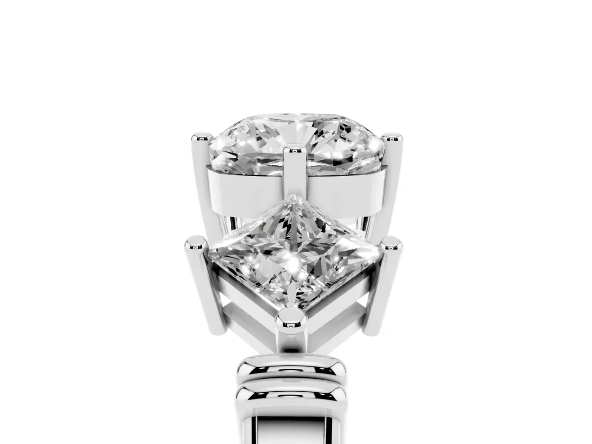 Three-Stone Cushion Cut and Princess Cut Diamond Ring with Channel Band and Four-Prong Setting White gold