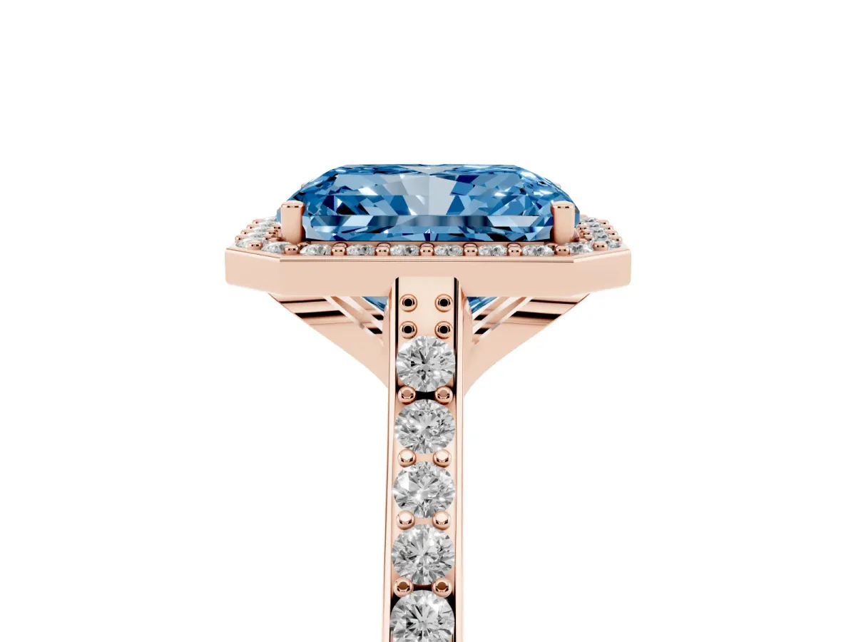 Fancy Blue Radiant Cut Diamond Halo Engagement Ring with Round Pavé Shoulders and Prong Setting Rose gold
