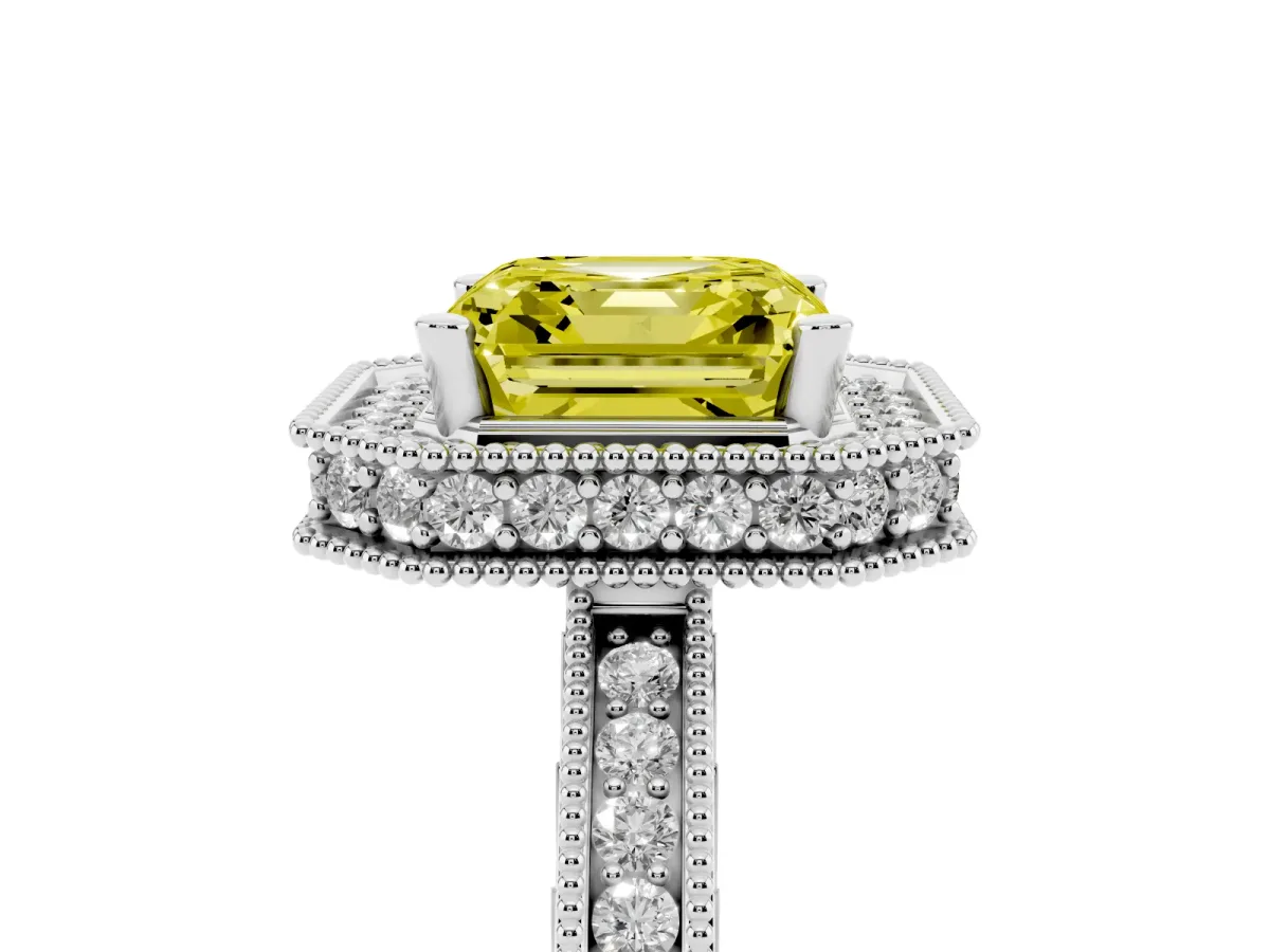 Fancy Yellow Asscher Cut Diamond Milgrain Halo Engagement Ring with Round Pavé Band and Prong Setting Platinum