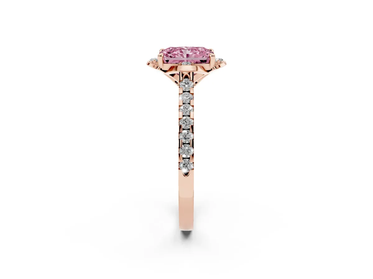 Fancy Pink Radiant Cut Diamond Ring with Pavé Band and Floral Prong Setting Rose gold