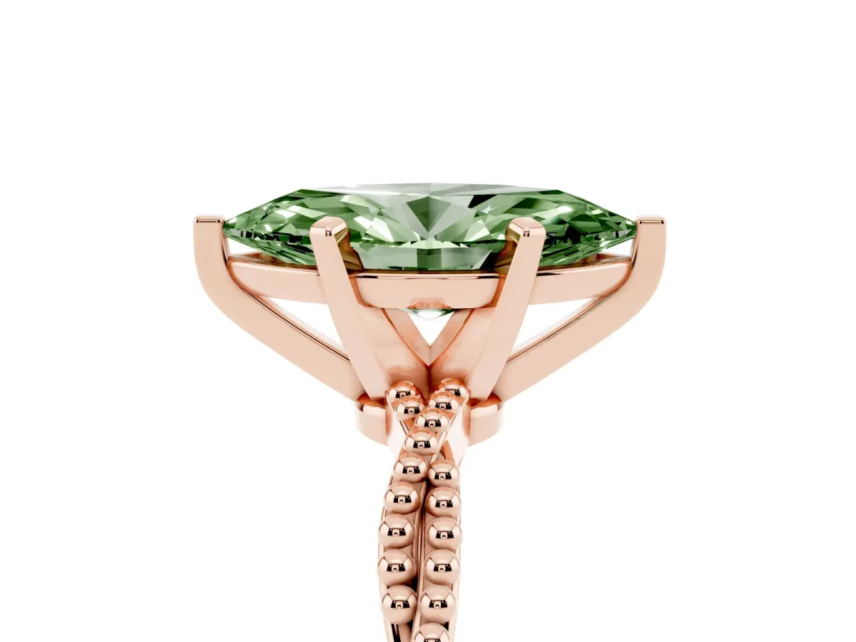 Fancy Green Marquise Cut Solitaire Twisted Band with Bead Prong Setting Rose gold