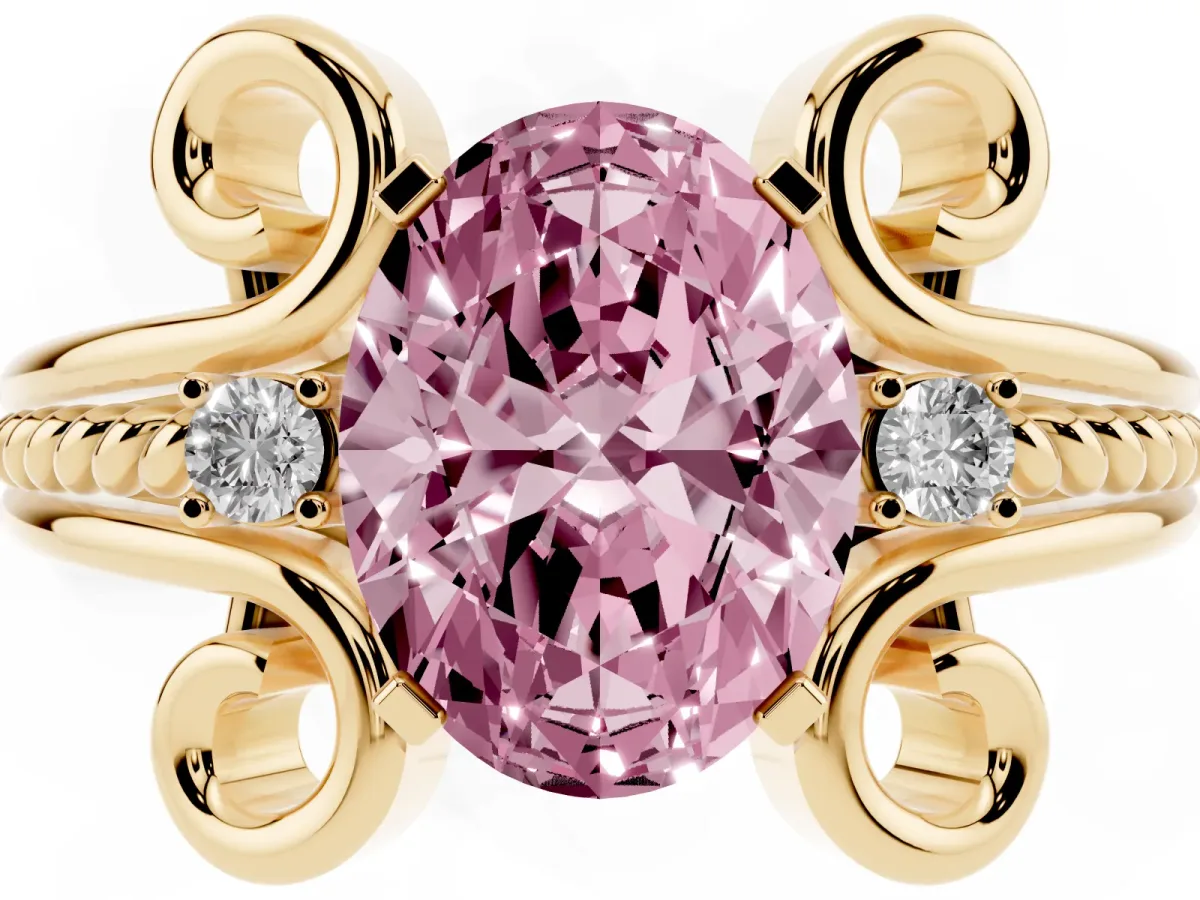 Fancy Pink Oval Cut Solitaire Twisted Band Scroll Prong Ring Yellow gold